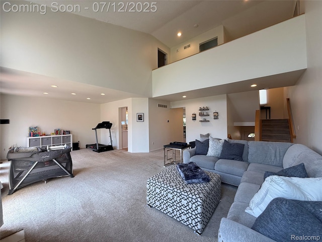 4178 Breckenridge Dr, West Bloomfield, MI 48322 - living room with carpet floors, a towering ceiling, recessed lighting, and stairs