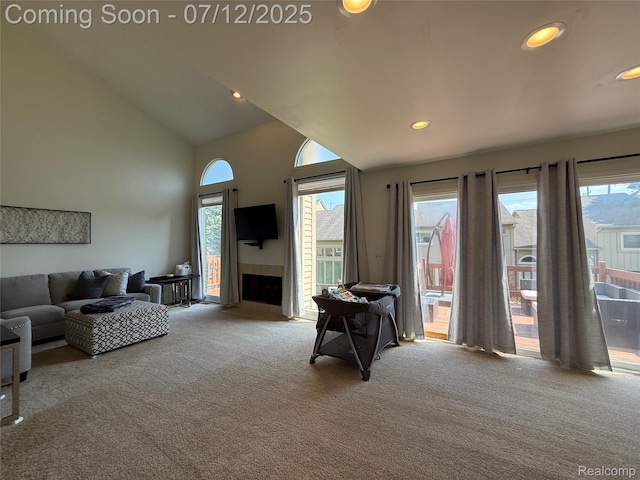 4178 Breckenridge Dr, West Bloomfield, MI 48322 - carpeted living area featuring recessed lighting and high vaulted ceiling