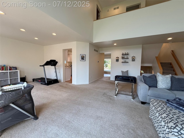 4178 Breckenridge Dr, West Bloomfield, MI 48322 - living area featuring carpet, stairs, recessed lighting, and a high ceiling