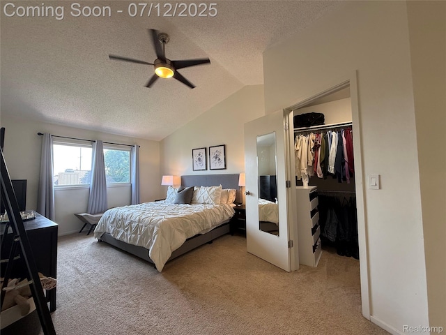 4178 Breckenridge Dr, West Bloomfield, MI 48322 - bedroom with light carpet, a textured ceiling, a spacious closet, lofted ceiling, and ceiling fan