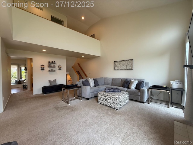 4178 Breckenridge Dr, West Bloomfield, MI 48322 - carpeted living room featuring stairs, recessed lighting, and high vaulted ceiling