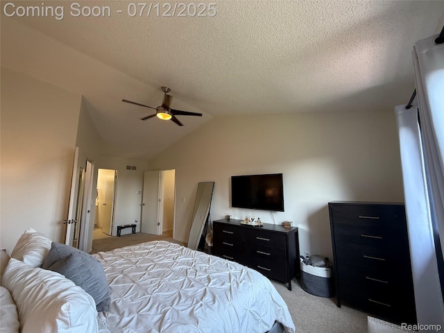 4178 Breckenridge Dr, West Bloomfield, MI 48322 - bedroom featuring light carpet, lofted ceiling, a textured ceiling, and ceiling fan