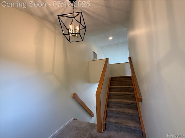 4178 Breckenridge Dr, West Bloomfield, MI 48322 - staircase with carpet floors, a chandelier, a textured ceiling, and recessed lighting