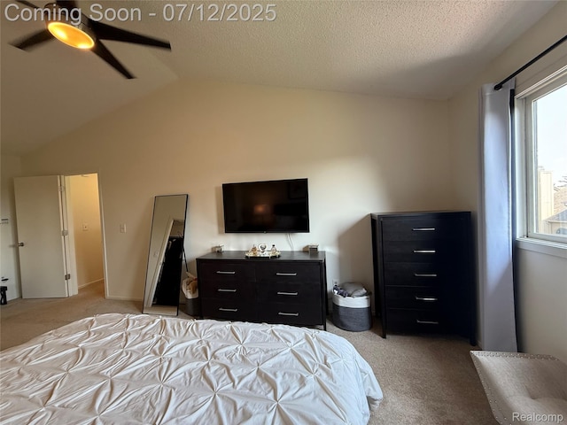 4178 Breckenridge Dr, West Bloomfield, MI 48322 - bedroom with light carpet, multiple windows, lofted ceiling, a textured ceiling, and a ceiling fan