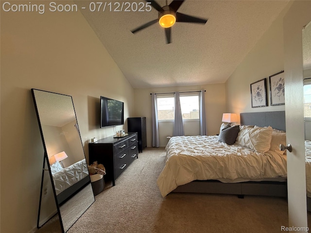4178 Breckenridge Dr, West Bloomfield, MI 48322 - bedroom with light carpet, a textured ceiling, vaulted ceiling, and ceiling fan