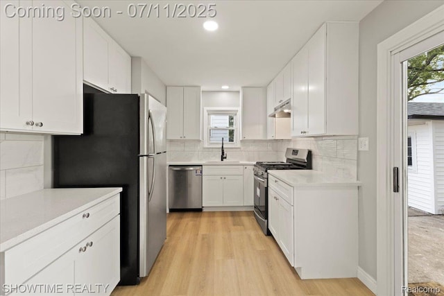 23041 Shakespeare Ave, Eastpointe, MI 48021 - kitchen featuring stainless steel appliances, light wood-type flooring, white cabinetry, tasteful backsplash, and light countertops