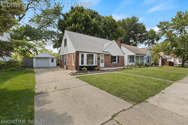 23041 Shakespeare Ave, Eastpointe, MI 48021 - view of front of property featuring brick siding, an outdoor structure, a garage, concrete driveway, and a front lawn