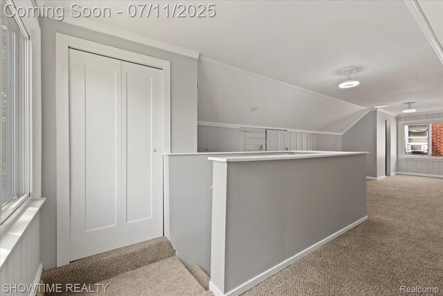 23041 Shakespeare Ave, Eastpointe, MI 48021 - hallway featuring carpet, vaulted ceiling, and crown molding