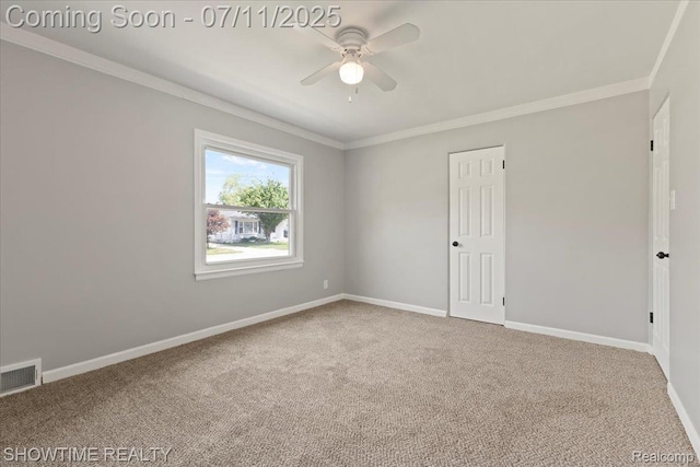 23041 Shakespeare Ave, Eastpointe, MI 48021 - spare room with ornamental molding, carpet flooring, and ceiling fan