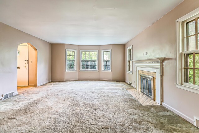 303 Wesley St, Ann Arbor, MI 48103 - unfurnished living room with arched walkways, carpet flooring, and a fireplace