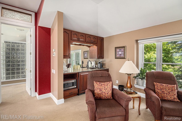 16344 Waterview Ln, Linden, MI 48451 - kitchen featuring stainless steel microwave, light carpet, dishwasher, and light stone counters