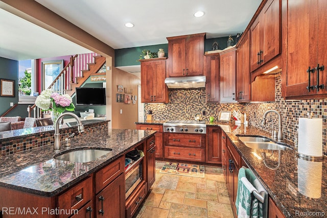 16344 Waterview Ln, Linden, MI 48451 - kitchen with appliances with stainless steel finishes, under cabinet range hood, tasteful backsplash, light stone finish floors, and dark stone counters