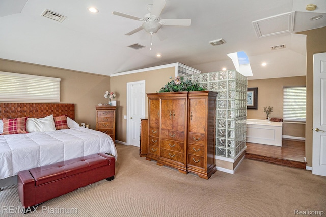 16344 Waterview Ln, Linden, MI 48451 - carpeted bedroom featuring vaulted ceiling, ceiling fan, and recessed lighting