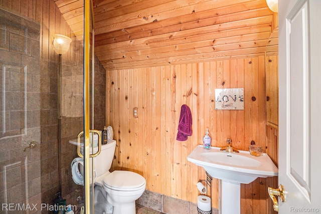16344 Waterview Ln, Linden, MI 48451 - full bath featuring a stall shower, wooden walls, and wood ceiling