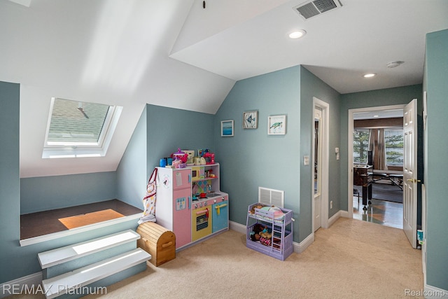 16344 Waterview Ln, Linden, MI 48451 - playroom featuring lofted ceiling, carpet floors, recessed lighting, and a skylight