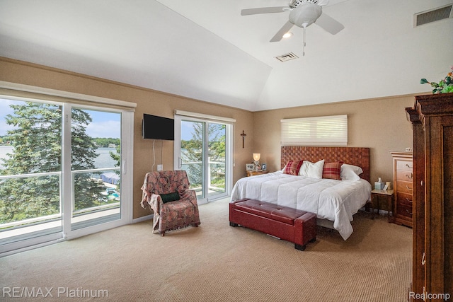 16344 Waterview Ln, Linden, MI 48451 - bedroom featuring carpet flooring, access to exterior, vaulted ceiling, and a ceiling fan