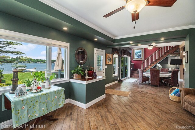 16344 Waterview Ln, Linden, MI 48451 - foyer with ornamental molding, ceiling fan, stairway, recessed lighting, and wood finished floors