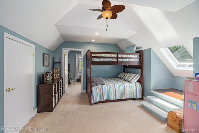 16344 Waterview Ln, Linden, MI 48451 - bedroom featuring carpet floors, vaulted ceiling, a skylight, a ceiling fan, and recessed lighting