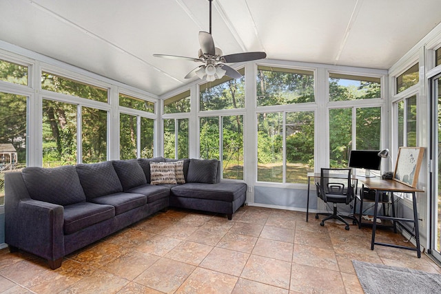 19160 Glendale Cir, Spring Lake, MI 49456 - sunroom featuring vaulted ceiling, healthy amount of natural light, ceiling fan, and an outdoor living space