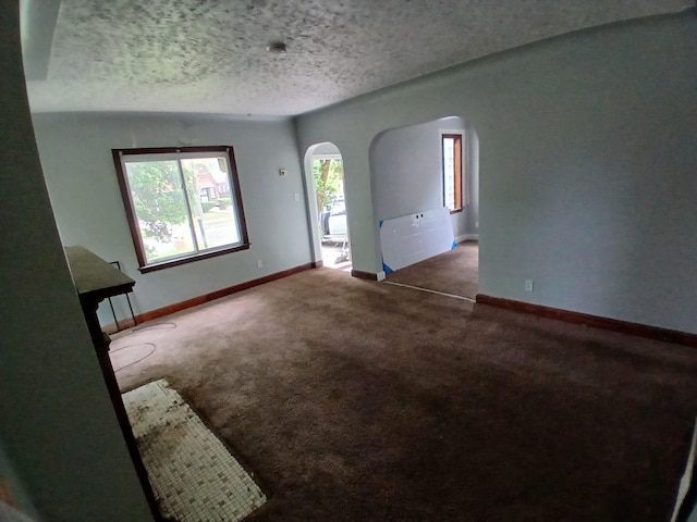 9729 Lakepointe St, Detroit, MI 48224 - unfurnished living room with arched walkways, carpet, and a textured ceiling