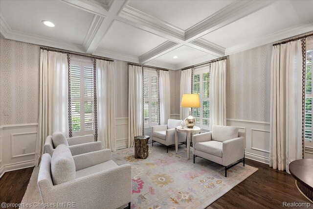 364 Chesterfield Ave, Birmingham, MI 48009 - living room with coffered ceiling, beamed ceiling, wood finished floors, ornamental molding, and a decorative wall