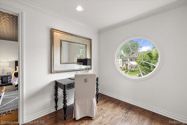 364 Chesterfield Ave, Birmingham, MI 48009 - unfurnished office with wood finished floors, ornamental molding, and recessed lighting