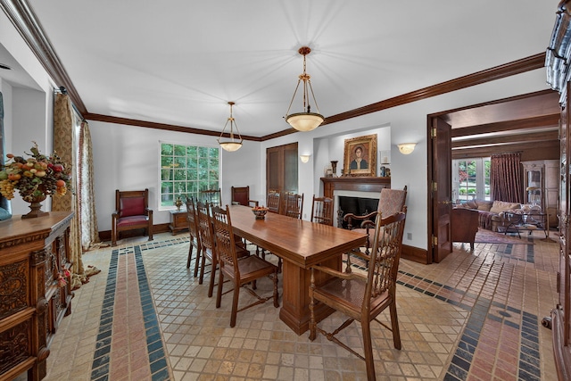 3420 Grange Rd, Berrien Springs, MI 49103 - dining area featuring inlaid floor details, a fireplace, crown molding, and light tile patterned flooring