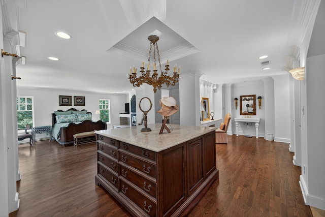 3420 Grange Rd, Berrien Springs, MI 49103 - kitchen featuring healthy amount of natural light, a chandelier, open floor plan, ornamental molding, and dark wood-style flooring