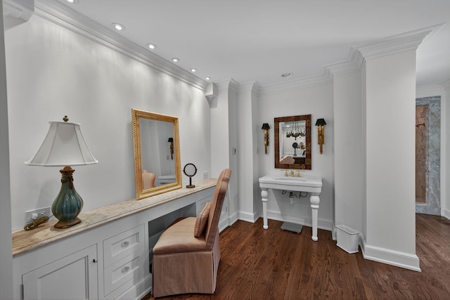 3420 Grange Rd, Berrien Springs, MI 49103 - office with built in desk, crown molding, dark wood-style flooring, and recessed lighting