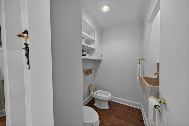 3420 Grange Rd, Berrien Springs, MI 49103 - bathroom featuring ornamental molding, a bidet, wood finished floors, and recessed lighting