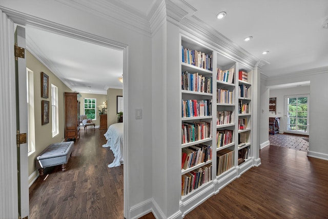 3420 Grange Rd, Berrien Springs, MI 49103 - hallway featuring dark wood-style flooring, plenty of natural light, crown molding, and built in features