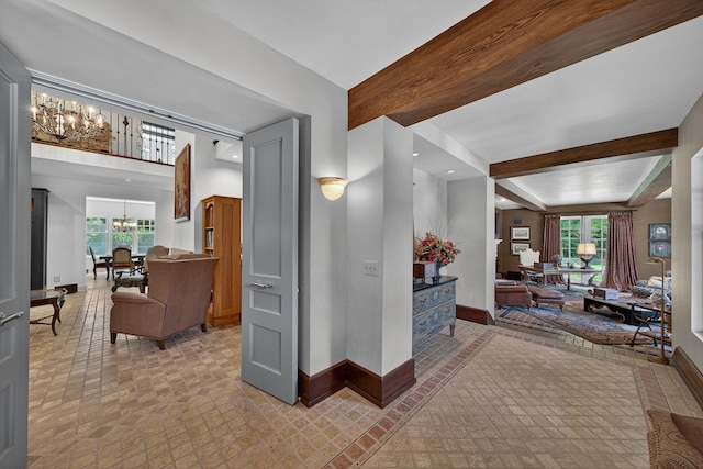3420 Grange Rd, Berrien Springs, MI 49103 - corridor featuring beam ceiling, a chandelier, and recessed lighting