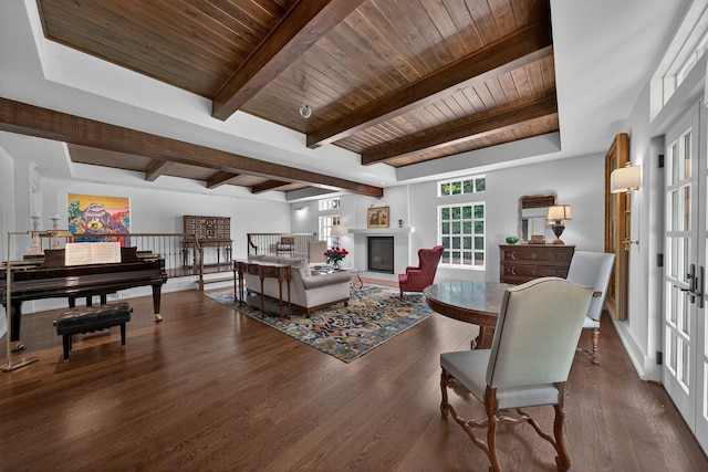 3420 Grange Rd, Berrien Springs, MI 49103 - living room with wood finished floors, a wooden ceiling with exposed beams, and a glass covered fireplace