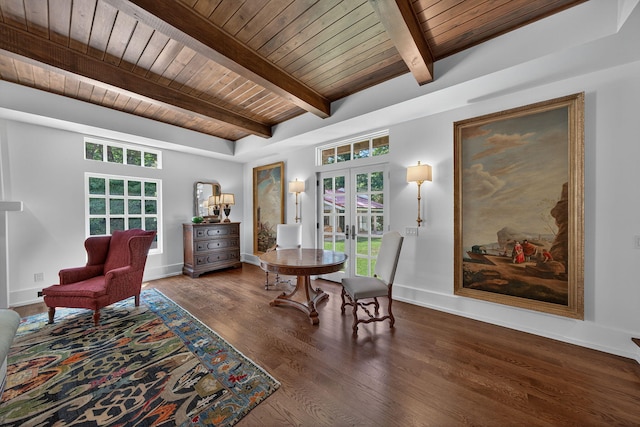 3420 Grange Rd, Berrien Springs, MI 49103 - living area featuring french doors, a wood ceiling with exposed beams, and wood finished floors