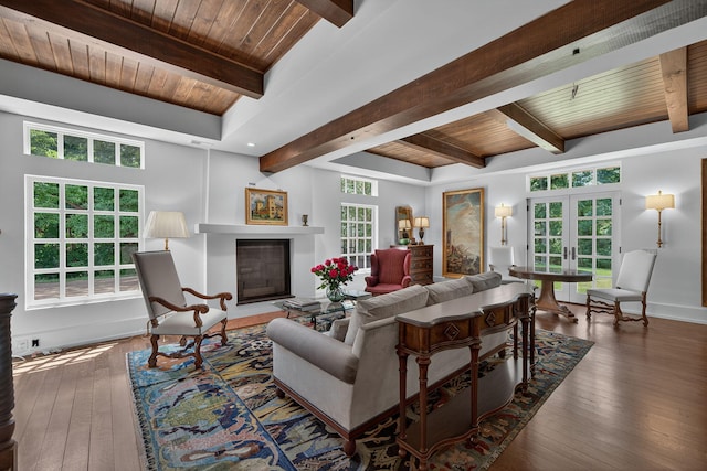 3420 Grange Rd, Berrien Springs, MI 49103 - living room with a wood ceiling with exposed beams, french doors, a glass covered fireplace, and hardwood / wood-style flooring