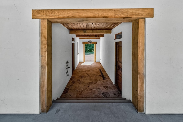 3420 Grange Rd, Berrien Springs, MI 49103 - hall featuring a wood ceiling with exposed beams and carpet