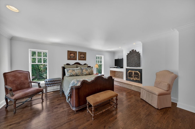 3420 Grange Rd, Berrien Springs, MI 49103 - bedroom with ornamental molding, multiple windows, wood finished floors, recessed lighting, and a glass covered fireplace