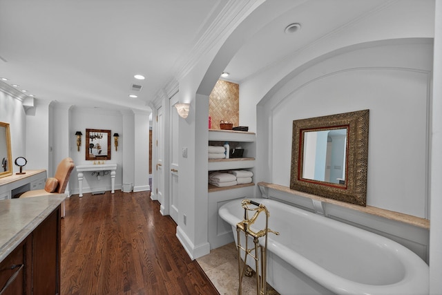 3420 Grange Rd, Berrien Springs, MI 49103 - full bath featuring a freestanding tub, ornamental molding, wood finished floors, and recessed lighting