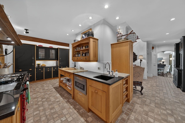 3420 Grange Rd, Berrien Springs, MI 49103 - kitchen featuring stainless steel microwave, open shelves, ventilation hood, stove, and brick patterned flooring