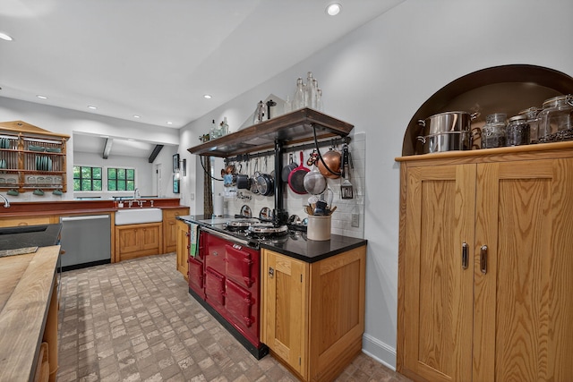 3420 Grange Rd, Berrien Springs, MI 49103 - kitchen featuring stainless steel dishwasher, cooktop, decorative backsplash, recessed lighting, and brick patterned floors