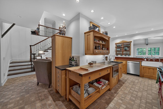 3420 Grange Rd, Berrien Springs, MI 49103 - kitchen with appliances with stainless steel finishes, open shelves, brick patterned floors, decorative backsplash, and recessed lighting