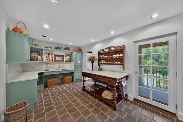 3420 Grange Rd, Berrien Springs, MI 49103 - kitchen with green cabinets, open shelves, brick patterned flooring, and recessed lighting