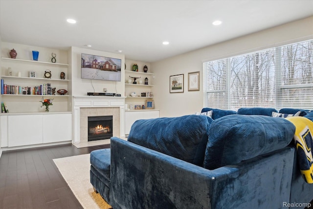 170 W Reed Lake Ct, Commerce Twp, MI 48390 - living area with dark wood-style flooring, a fireplace, and recessed lighting