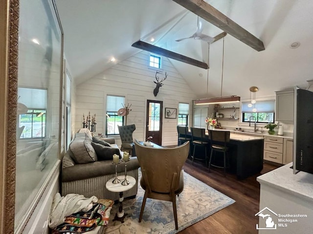 314 W Division St, Boyne City, MI 49712 - living room featuring dark wood-style flooring, ceiling fan, and wooden walls