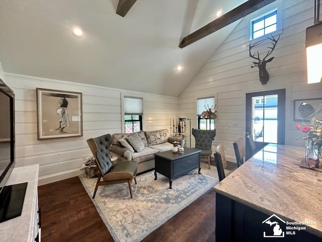 314 W Division St, Boyne City, MI 49712 - living room featuring plenty of natural light, dark wood-type flooring, high vaulted ceiling, and recessed lighting