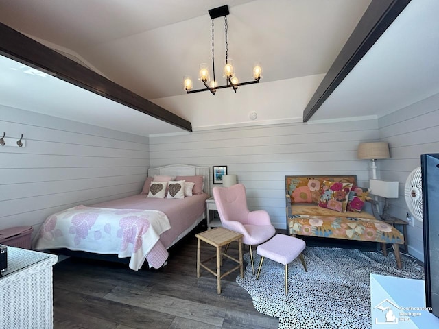 314 W Division St, Boyne City, MI 49712 - bedroom featuring wood finished floors, a chandelier, wooden walls, and lofted ceiling