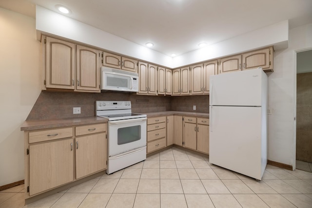 3026 Leigh Ave, Kalamazoo, MI 49048 - kitchen featuring white appliances, light brown cabinetry, tasteful backsplash, light tile patterned floors, and recessed lighting