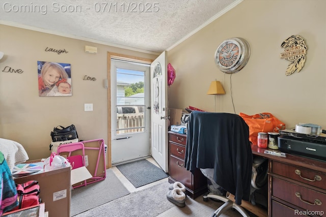 3410 Eastdale Dr, Flint, MI 48506 - carpeted home office featuring ornamental molding and a textured ceiling