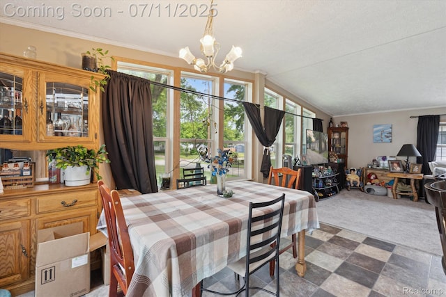 3410 Eastdale Dr, Flint, MI 48506 - dining room with a chandelier, vaulted ceiling, healthy amount of natural light, ornamental molding, and carpet flooring