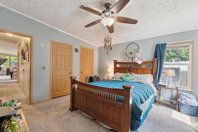 3410 Eastdale Dr, Flint, MI 48506 - carpeted bedroom with crown molding, a textured ceiling, and a ceiling fan